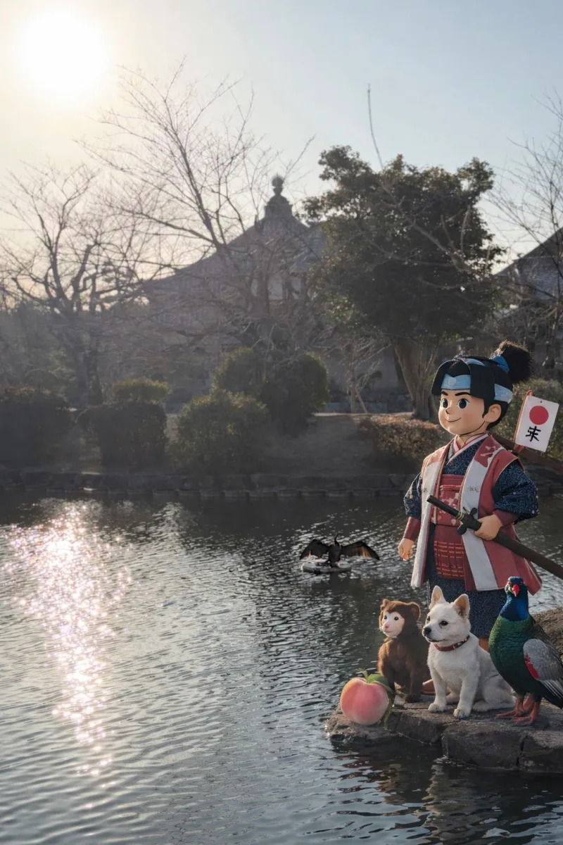 吉備津神社の池のほとりに立つ桃太郎と犬・猿・雉の像